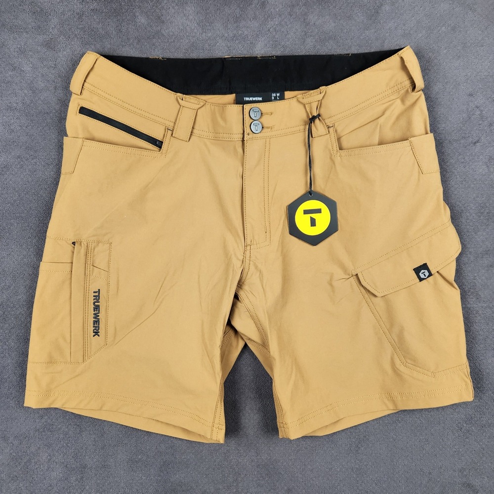 Truewerk T1 Werkshort Mens 36 Sand Tan 9" Inseam Tech Workwear Utility Shorts